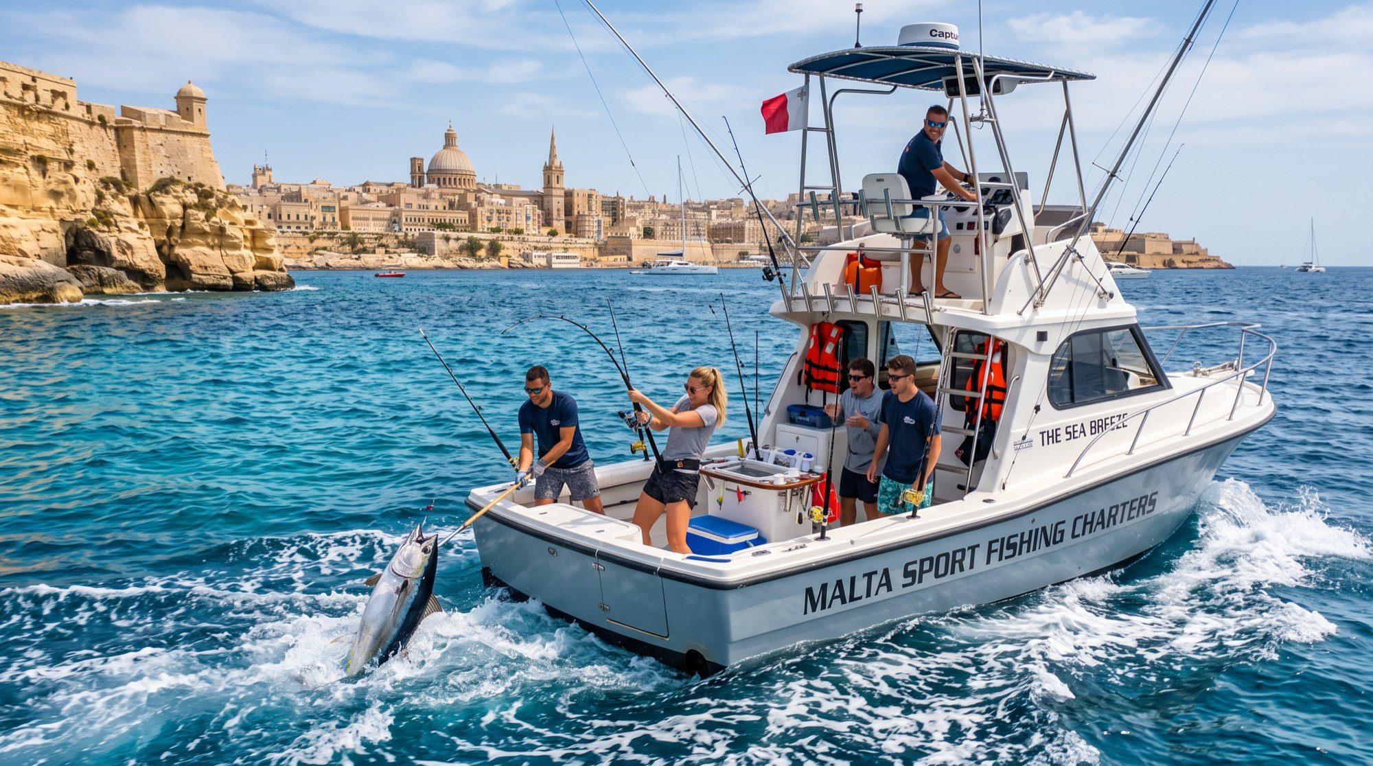 A sport fishing boat under way off Valletta, anglers playing a fish alongside
